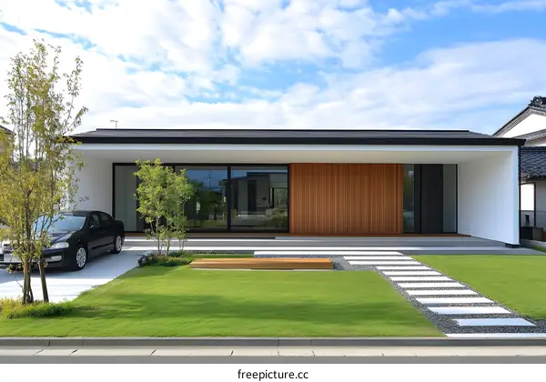 Modern Japanese House with Green Lawn and Stone Pathway