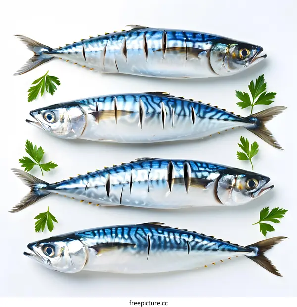 Four Fresh Mackerel on White Background