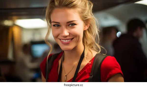 Portrait of a smiling young woman with blonde hair wearing a red shirt