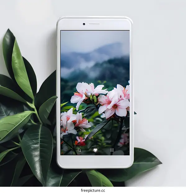 White Smartphone with Flowers on Screen