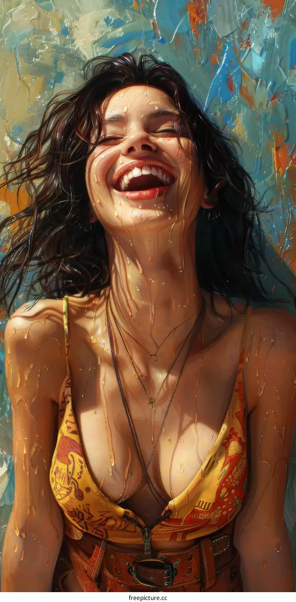 portrait of a beautiful woman with long brown hair and a big smile on her face