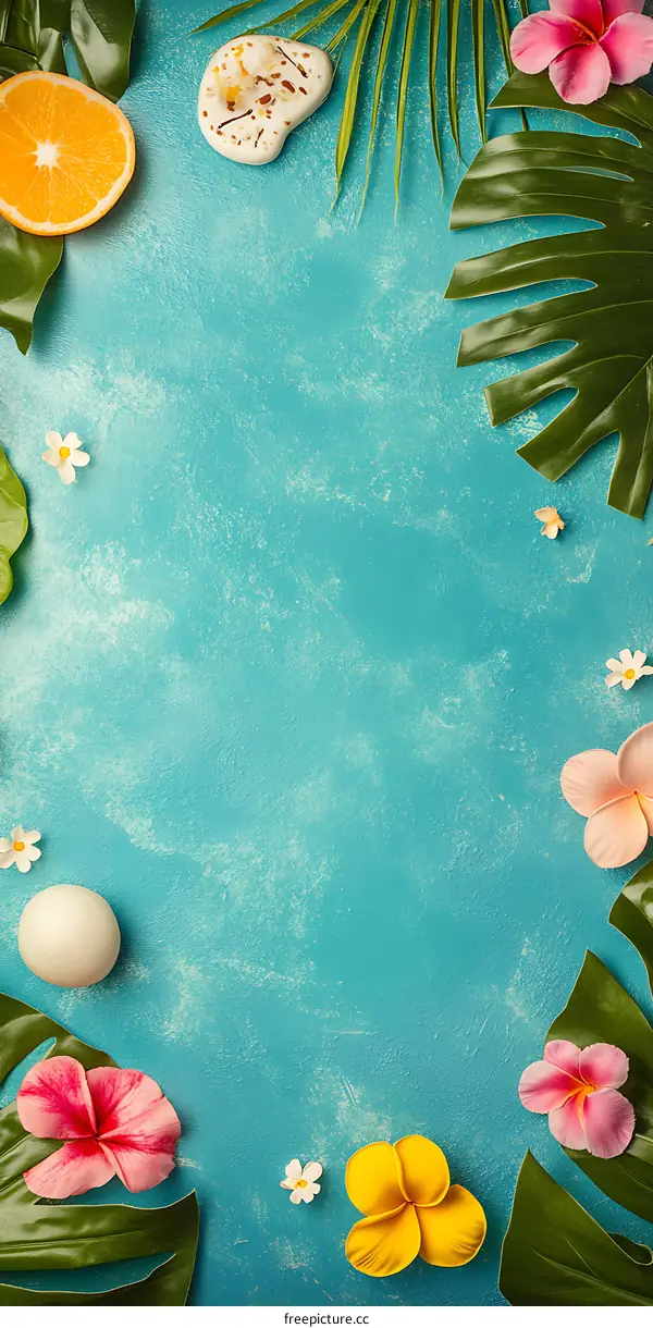 Tropical Summer Background with Palm Leaves and Flowers