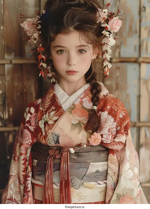 Young Girl in Traditional Japanese Kimono with Flowers
