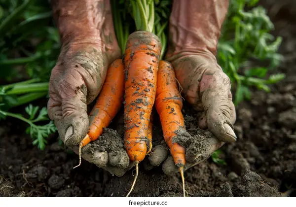 A farmer's hands holding freshly-harvested carrots