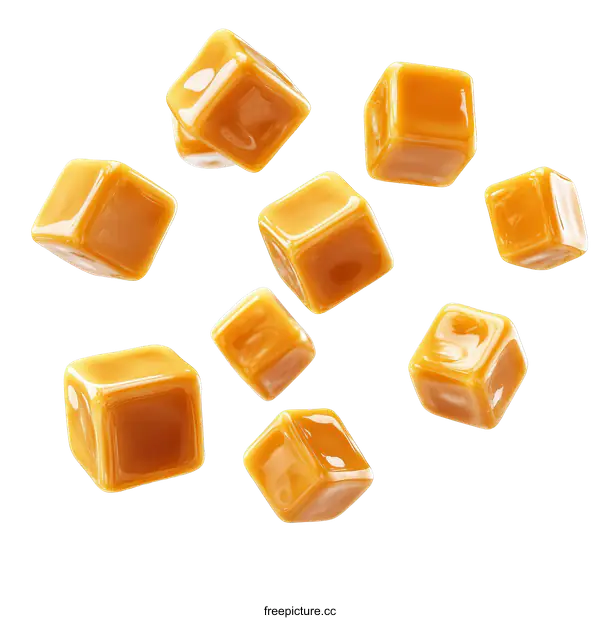 [Transparent Background PNG]Caramel Cubes Falling Against White Background