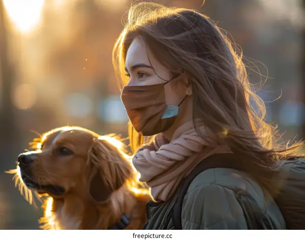 A young woman wearing a mask is walking her dog in the park