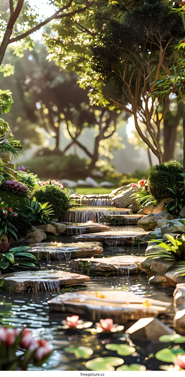 A beautiful natural stream in a lush green forest