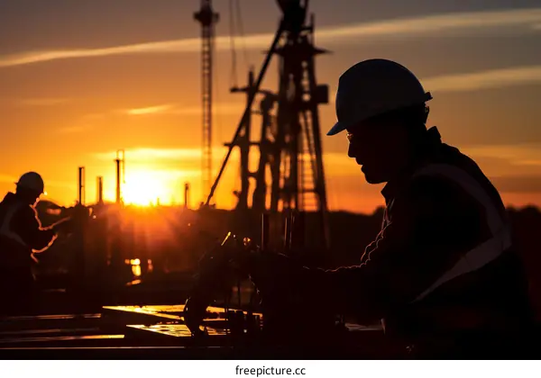 Construction workers working on a building at sunset