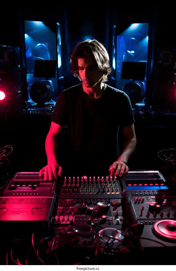 Young male audio engineer in a recording studio at a mixing console