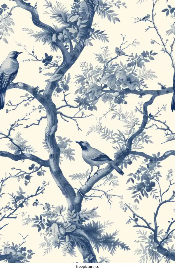 Blue and white chinoiserie wallpaper with birds and flowers