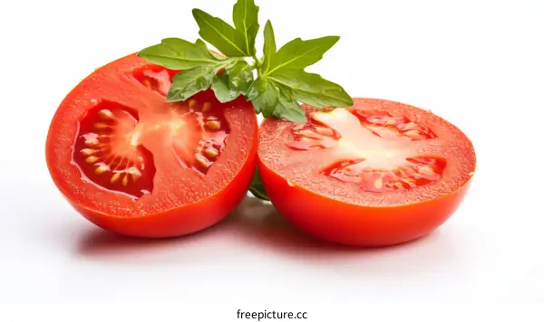 Two halves of a tomato with parsley leaves on top