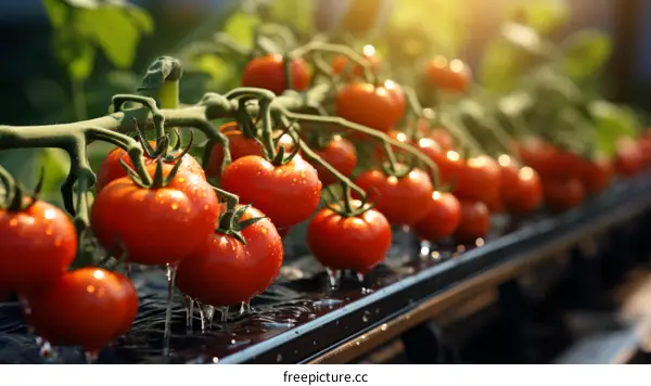 Close-up of ripe tomatoes growing in a greenhouse