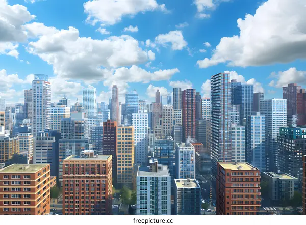 Cityscape with skyscrapers and blue sky