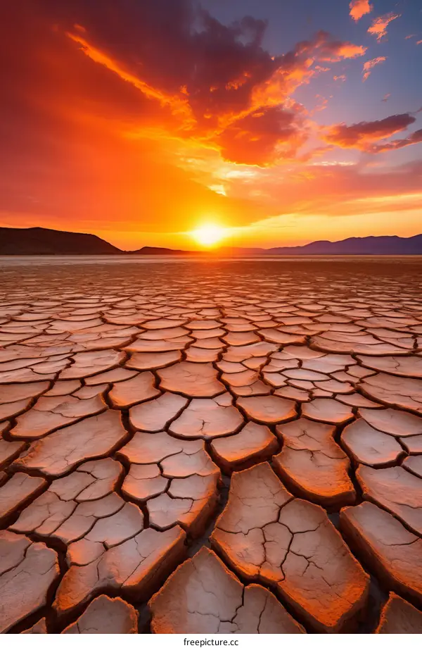 Arid desert landscape with cracked mudflats under a setting sun