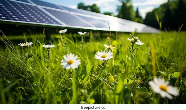 Solar panels in a field of daisies