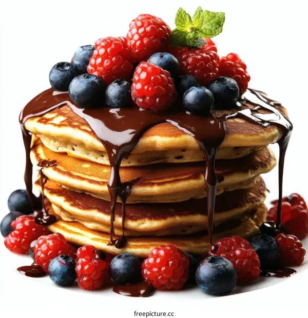Delicious Stacked Pancakes with Berries and Chocolate Drizzle