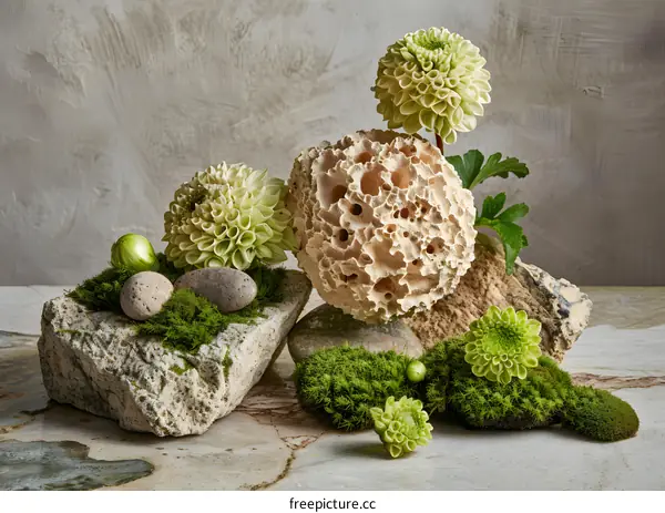 Green Flowers on Stones and Moss