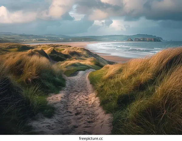 Footpath through grassy sand dunes leading to beach and sea
