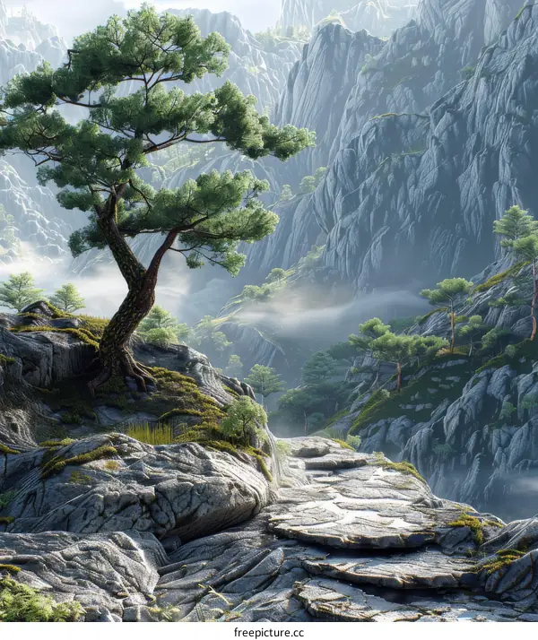 Solitary Tree on Winding Mountain Path With Serenity