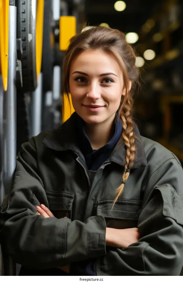 Portrait of a young female engineer in a factory smiling at the camera