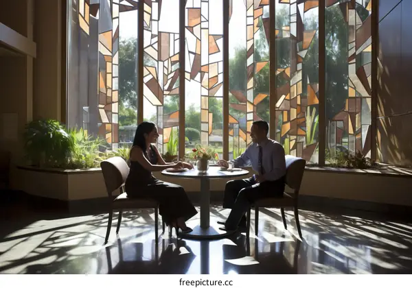 A couple is sitting at a table in a restaurant.