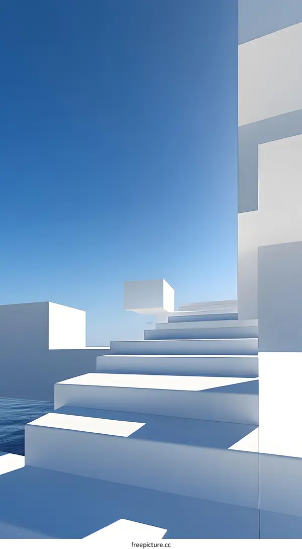 White Minimalist Staircase Design With Blue Sky Background