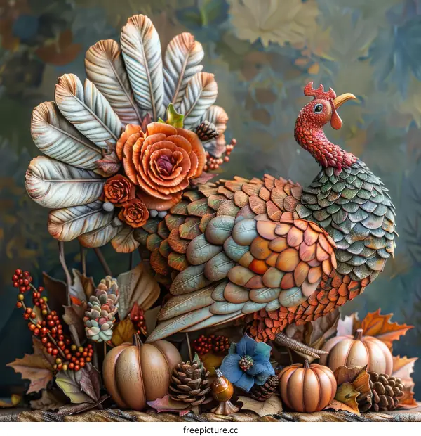 Ceramic Turkey Thanksgiving Centerpiece with Pumpkins and Fall Foliage