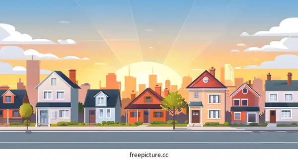 Sunrise Over Suburban Houses With City Skyline In Background