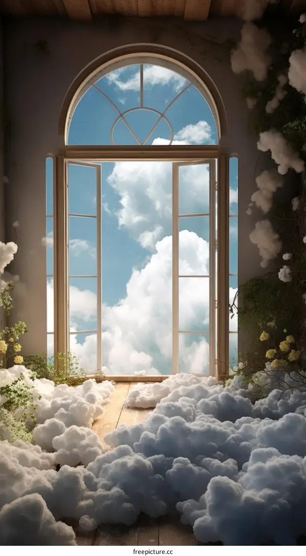 Surrealism painting of a room with a door open to the sky