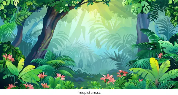Tropical Rainforest Illustration Lush Green Foliage