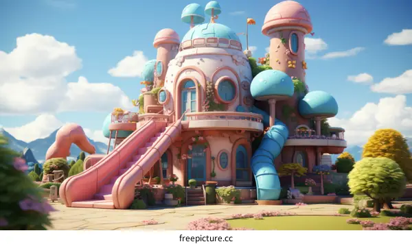 A Whimsical House with Pink and Blue Accents