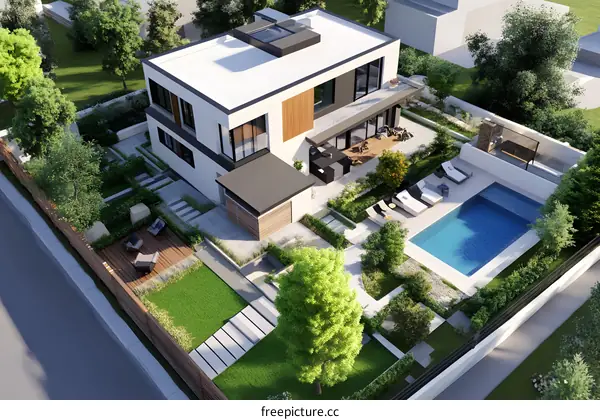 Modern House with Pool and Landscaping Aerial View