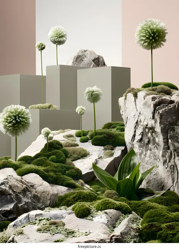 Minimalist Nature Scene With Mossy Rocks and Green Flowers