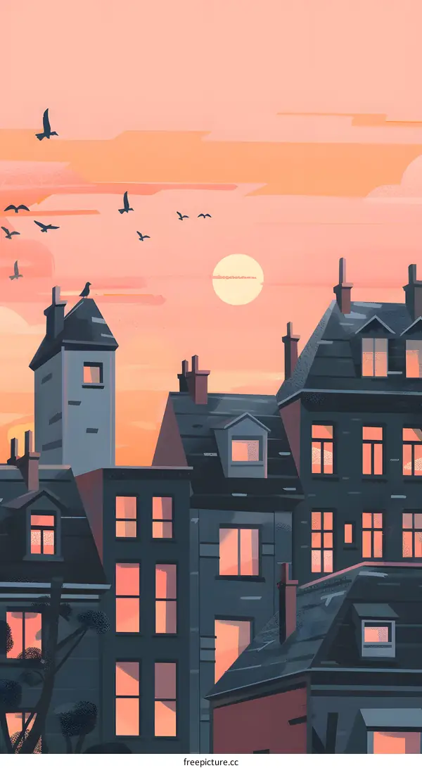 Cityscape Illustration with Sunset Sky and Birds