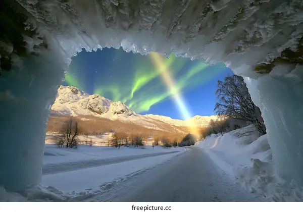 Aurora Borealis View Through Frozen Tunnel in Snowy Mountain