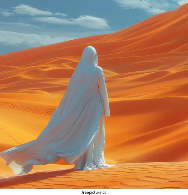 A woman in a white dress standing in the middle of a desert