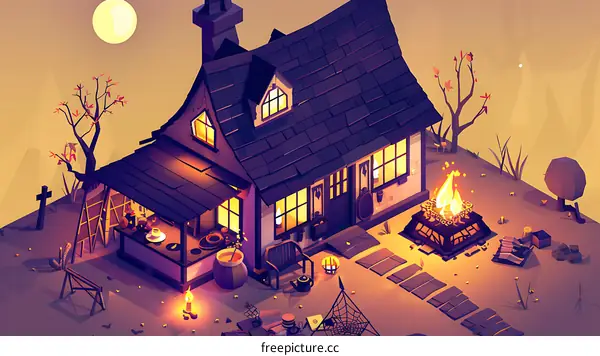Low Poly Illustration Of A Cozy Cottage At Night With A Fire Pit