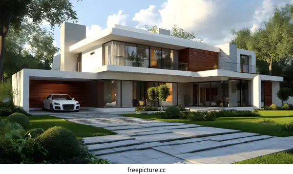 Modern House with a White Car in the Garage