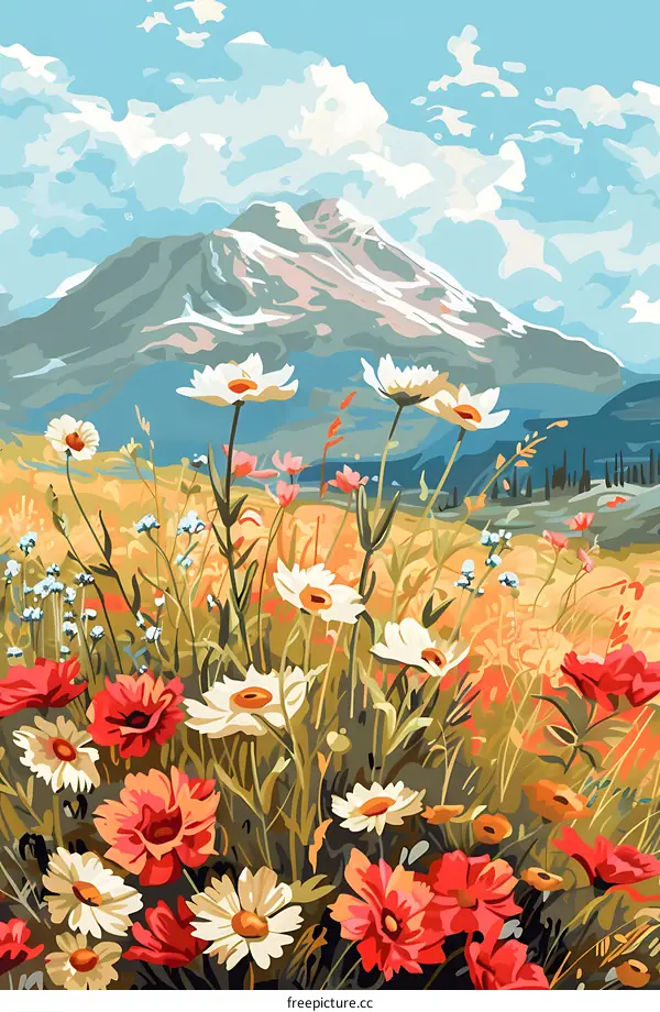 Mountain Landscape with Wildflowers and Blue Sky