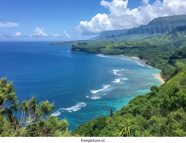Aerial View of a Tropical Coastline with Lush Green Foliage and Blue Water