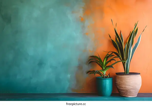 Two potted plants on a green and orange wall background
