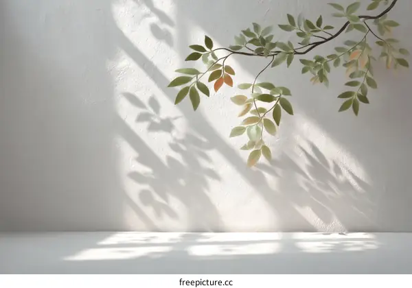Elegant Sunlight Shadows on a Pale Wall with Leaves