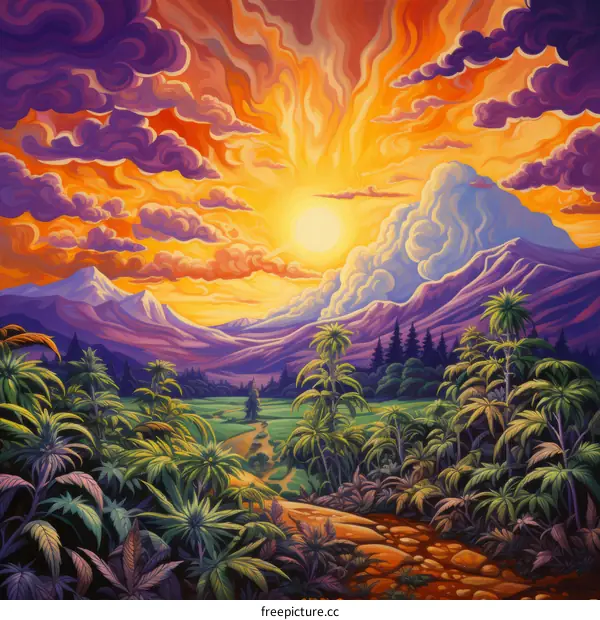 vibrant sunset over a lush landscape with a path leading through a dense forest