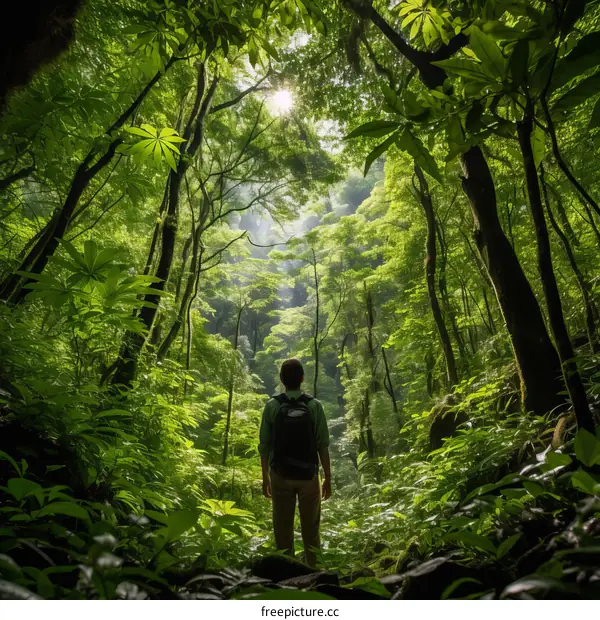 Man standing in a lush green rainforest