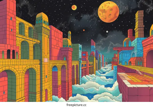 A Surreal City with Vibrant Buildings Under a Starry Sky