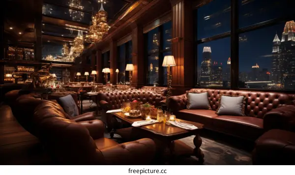 Luxurious living room with a view of the city at night