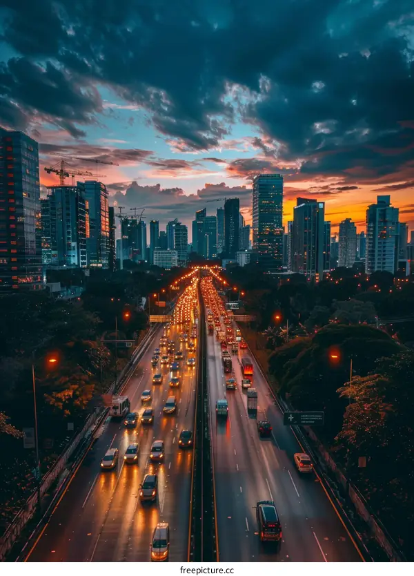 Night Cityscape with Highway and Skyscrapers