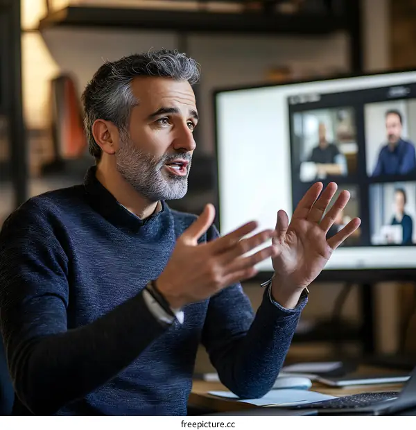 Man on a Video Call Talking with a Group of People