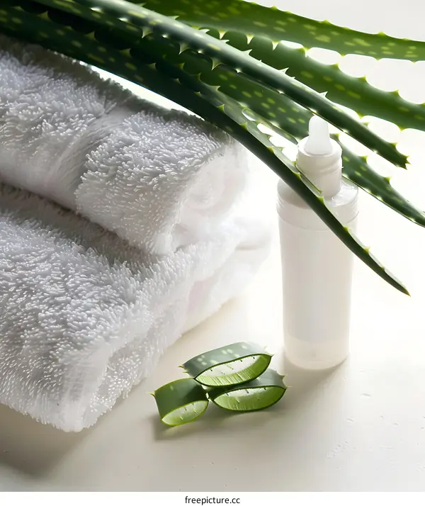 Aloe Vera Spa Products with Towel and Green Plant