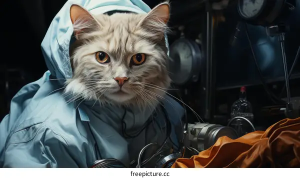 A cat wearing a blue hazmat suit is sitting in a laboratory